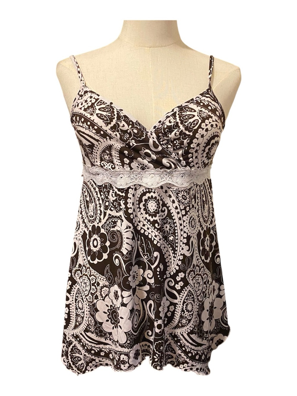 La Senza Girl Y2K Cami Babydoll Brown/White Lace Trim A-Symmetrical Hem Size L